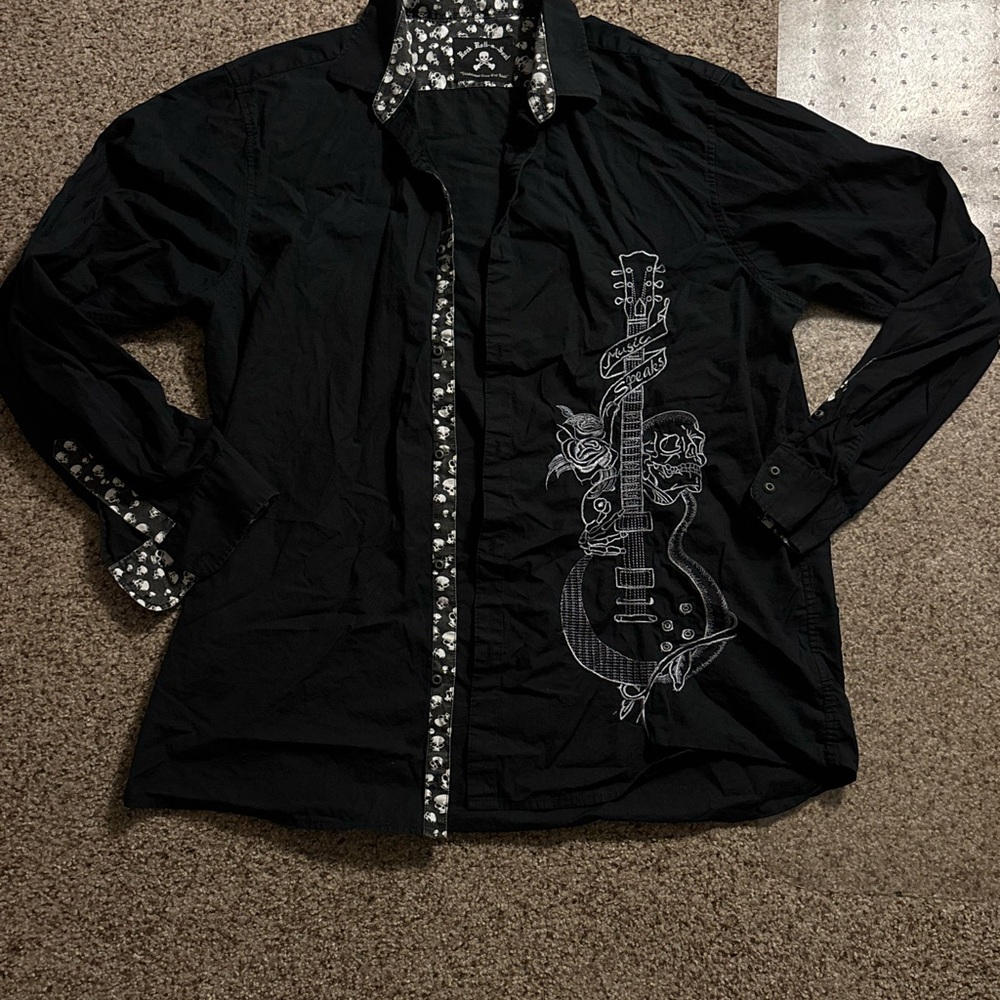 Men's Black Embroidered Guitar Shirt